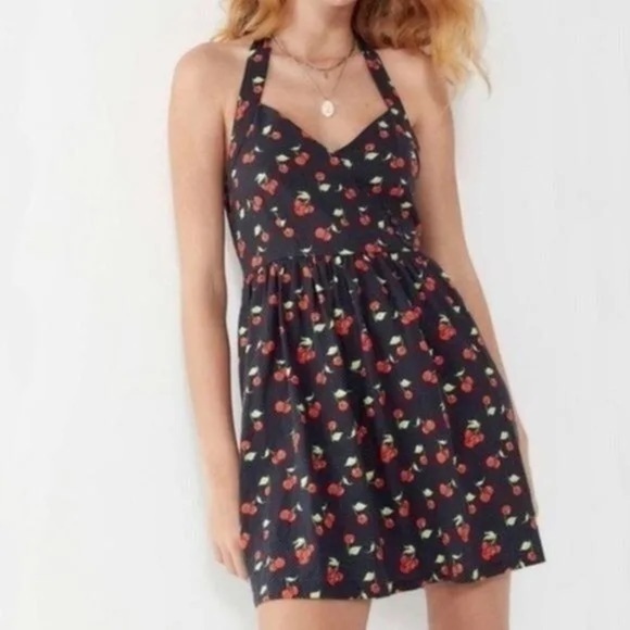 Urban Outfitters | Mamie Linen Cherry Print Retro Halter Mini Dress Small - Picture 1 of 8